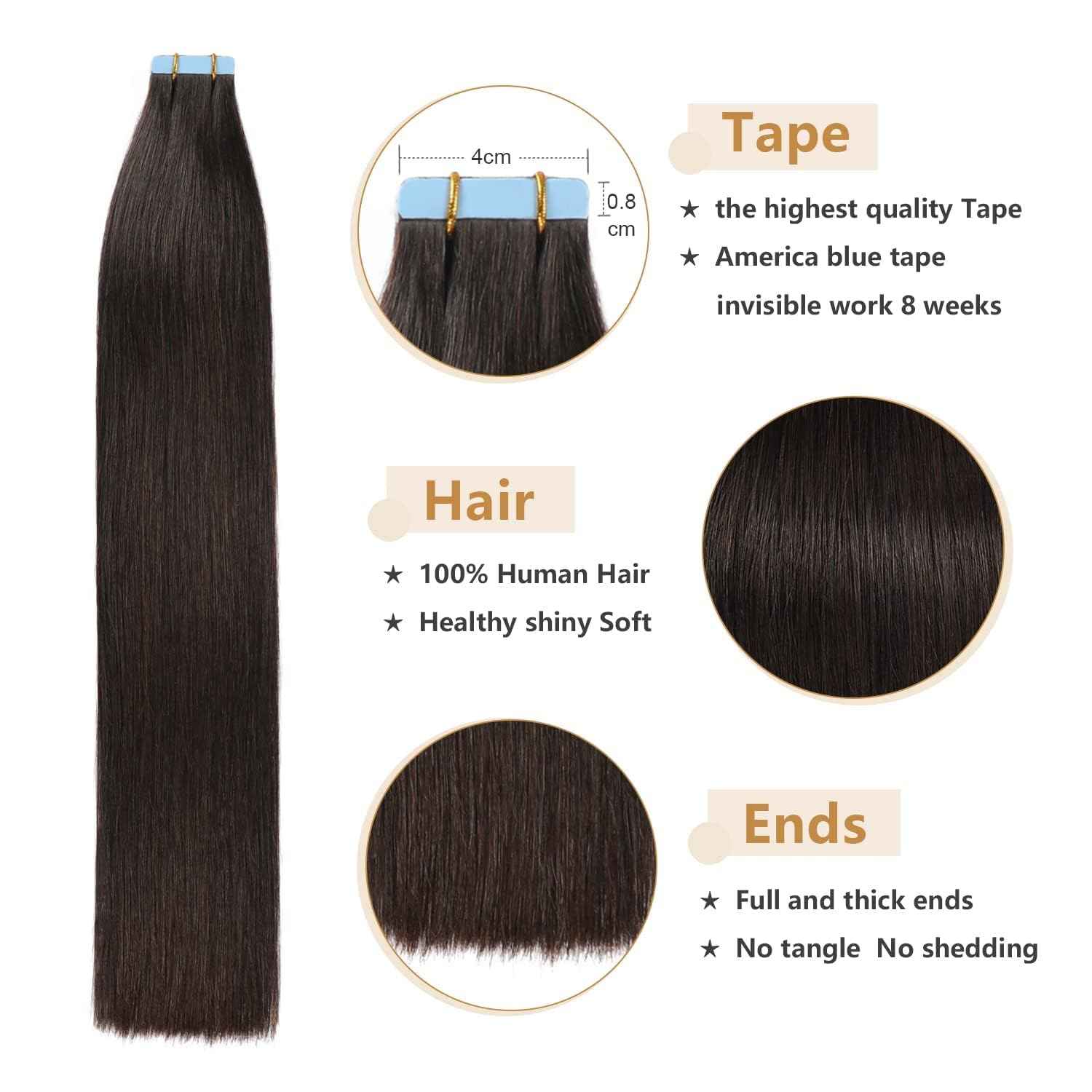 YILITE Tape in Hair Extensions Human Hair 16 inch 20pcs Off Black color 40g Silky Straight Premium Human Hai,Seamless Skin Weft Remy Hair 1b Tape ins(16 inch #1B)