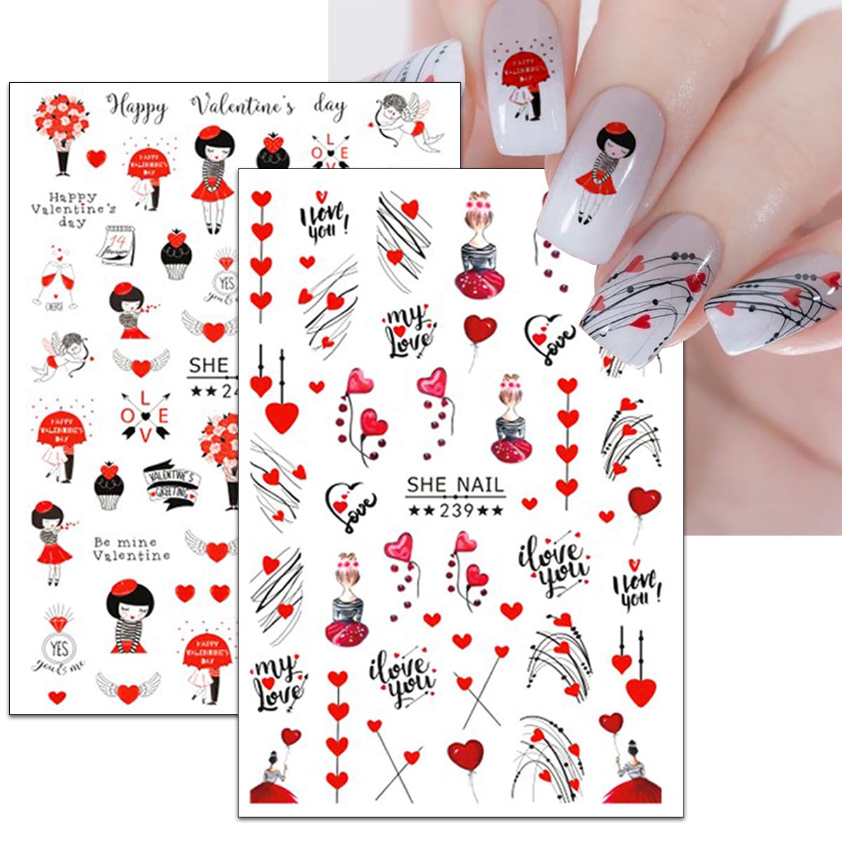 Valentines Day Nail Stickers Decals DIY Self-Adhesive Red Valentines Nail Art Romance Love Lovers Heart Sexy Nail Stickers Design Valentines Supplies Nail Decorations for Women Girls (8 Sheets)