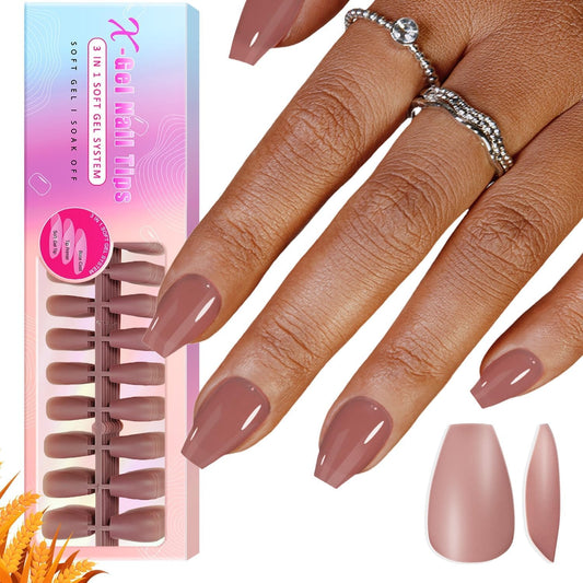 KQueenest Short Coffin Tips, Pre- Colored Gel x Nail Tips, Natural Press on Nails Short, Soft Gel Nails Tips, Ballerina Fake Nails, No Need File Gel Tip Nails Acrylic Nail 300 Pcs, Mauve