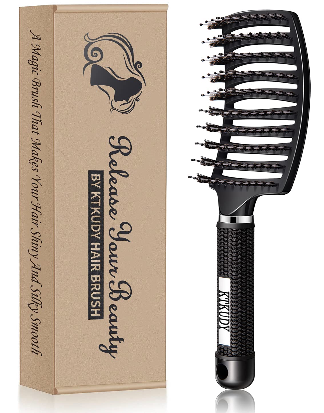 KTKUDY Detangling Hair Brush - Boar Bristle & Tangle-Free Design for Kids, Women, and Men - Perfect for Wet and Dry Hair - Smooth, Magical Pain-Free Styling (Black)