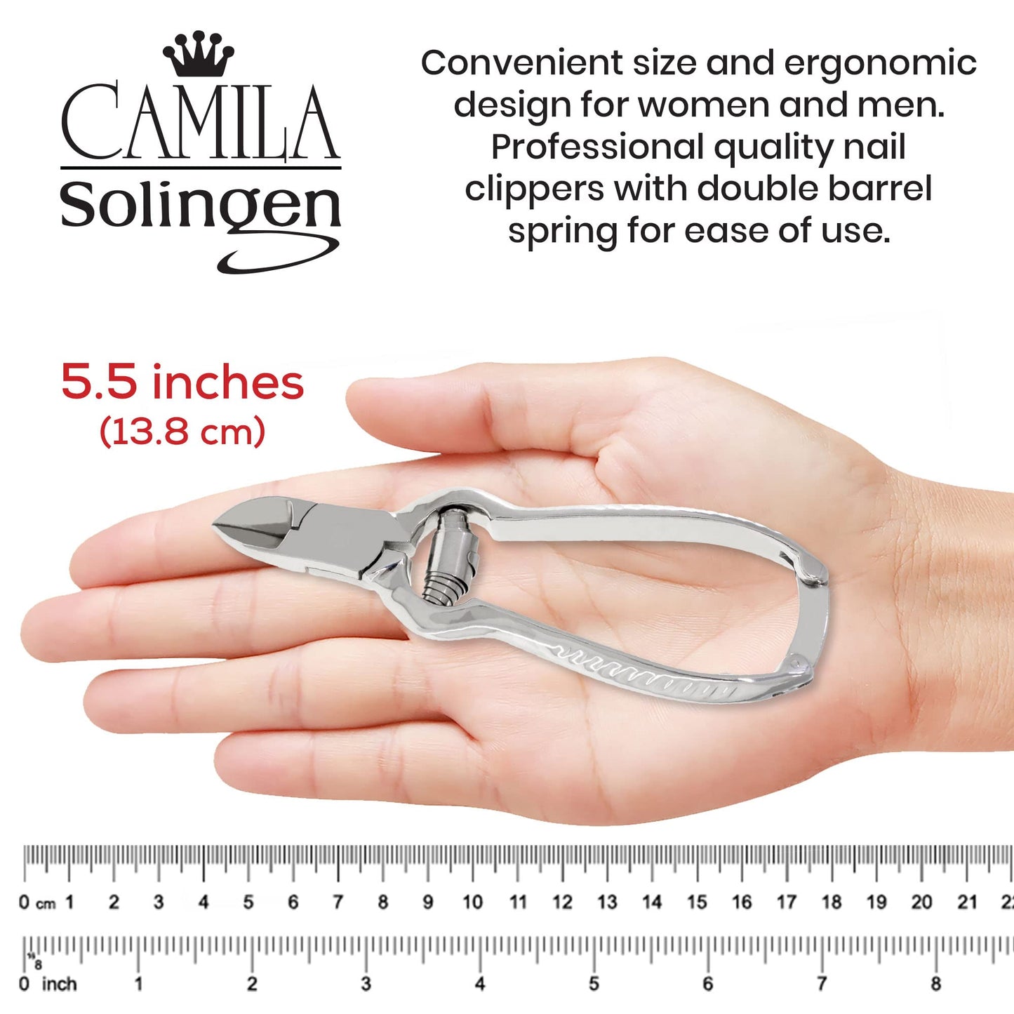 Camila Solingen CS13 Large Heavy Duty Toe Nail Clipper for Thick Toenails, Manicure & Pedicure, Double Barrel Spring. Super Sharp Trimmer Curved Stainless Steel 20mm Blade Made in Solingen, Germany