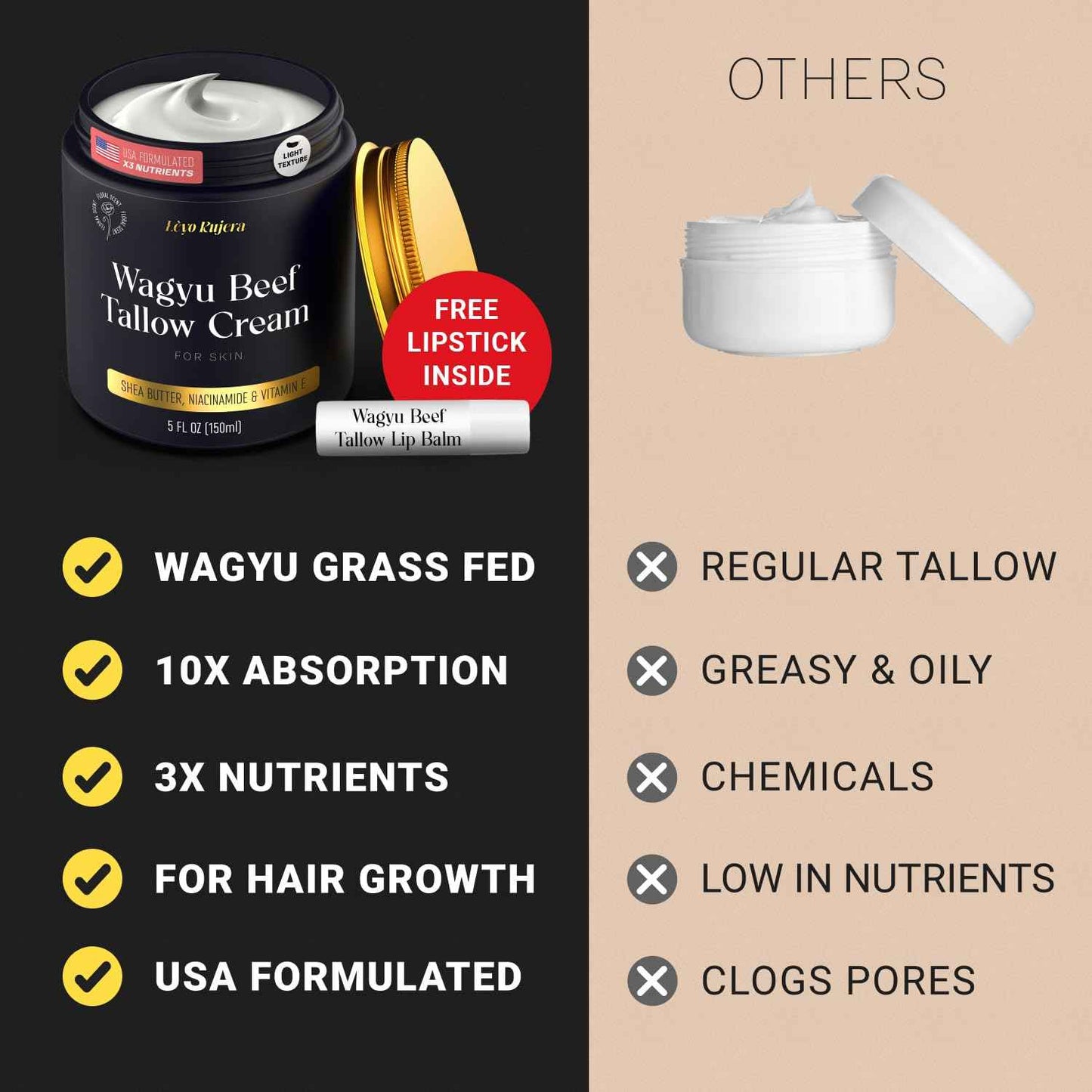 Non-Greasy Beef Tallow for Skin &Hair 5OZ Shea Butter, Vitamin E, Niacinamide, Whipped Grass Fed Beef Tallow for Face Moisturizer Cream, Lotion for Women & Men, Anti-Aging Face Moisturizer Leyo Rujera