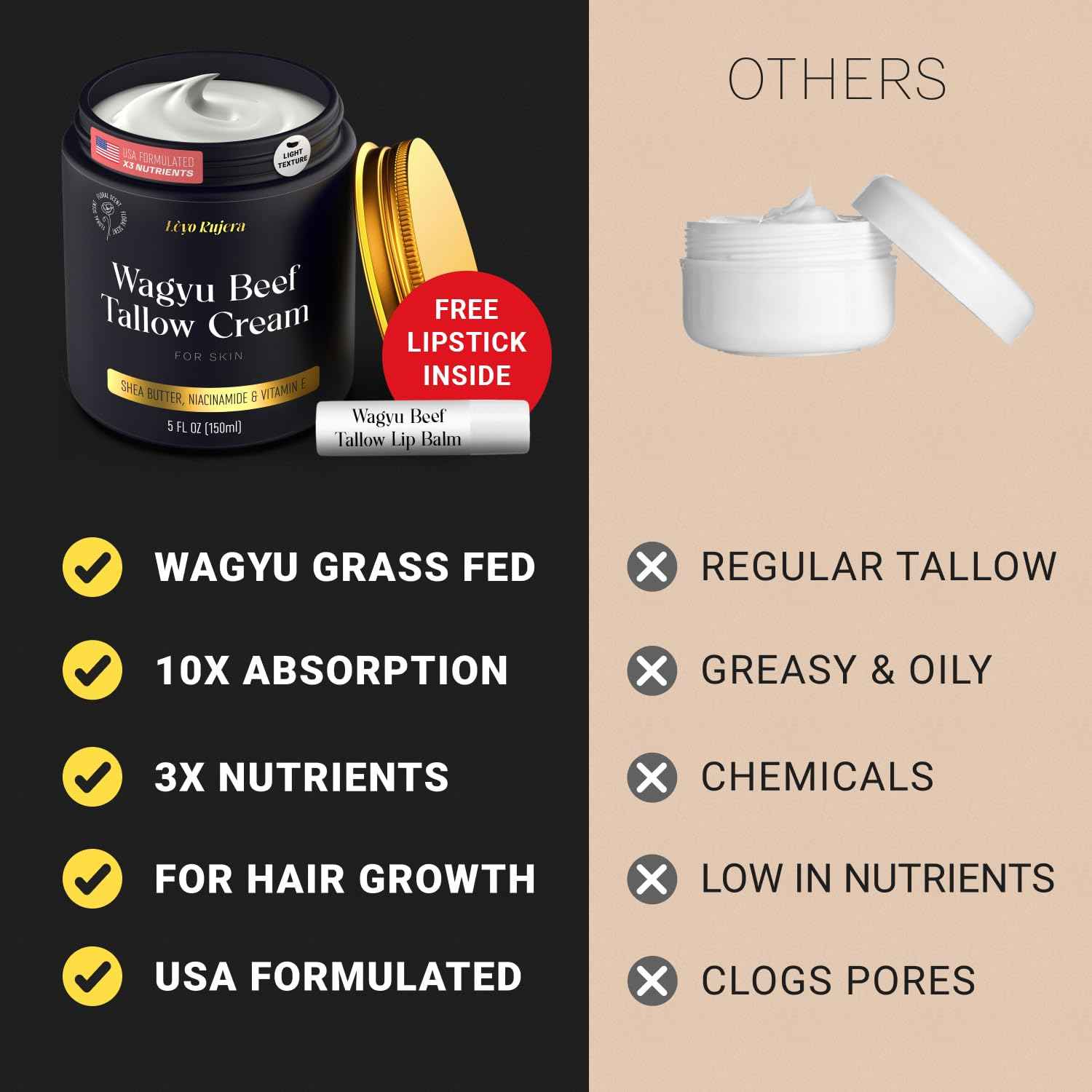 Non-Greasy Beef Tallow for Skin &Hair 5OZ Shea Butter, Vitamin E, Niacinamide, Whipped Grass Fed Beef Tallow for Face Moisturizer Cream, Lotion for Women & Men, Anti-Aging Face Moisturizer Leyo Rujera