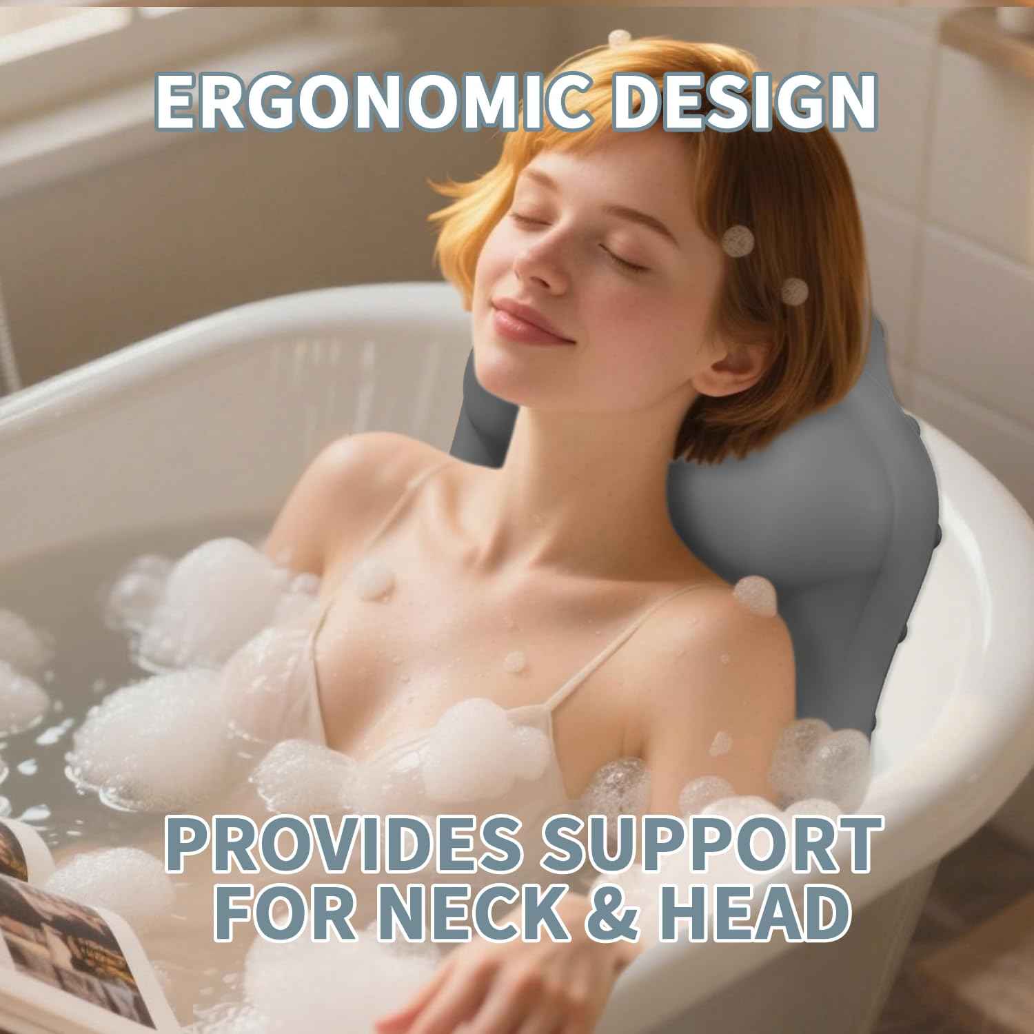 Silicone Bath Pillow for Tub – Ergonomic Bathtub Headrest with Inflatable Air Cushion, Non-Slip Suction Cups & Neck/Back Support – Comfortable Spa Bath Accessory for Relaxation (Grey)
