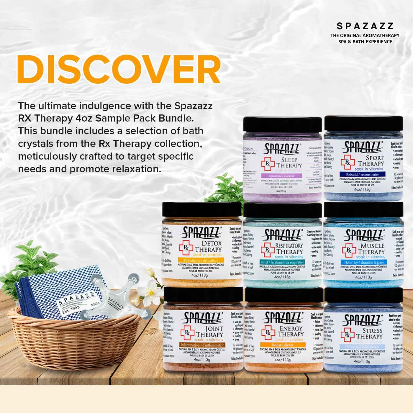 Spazazz RX Therapy Hot Tub Spa and Bath Aromatherapy Salt Crystals 4oz 8 Pack Sample Bundle Includes Muscle - Joint - Detox - Stress - Respiratory - Sport -Sleep - Energy. Great for Muscles & Joints