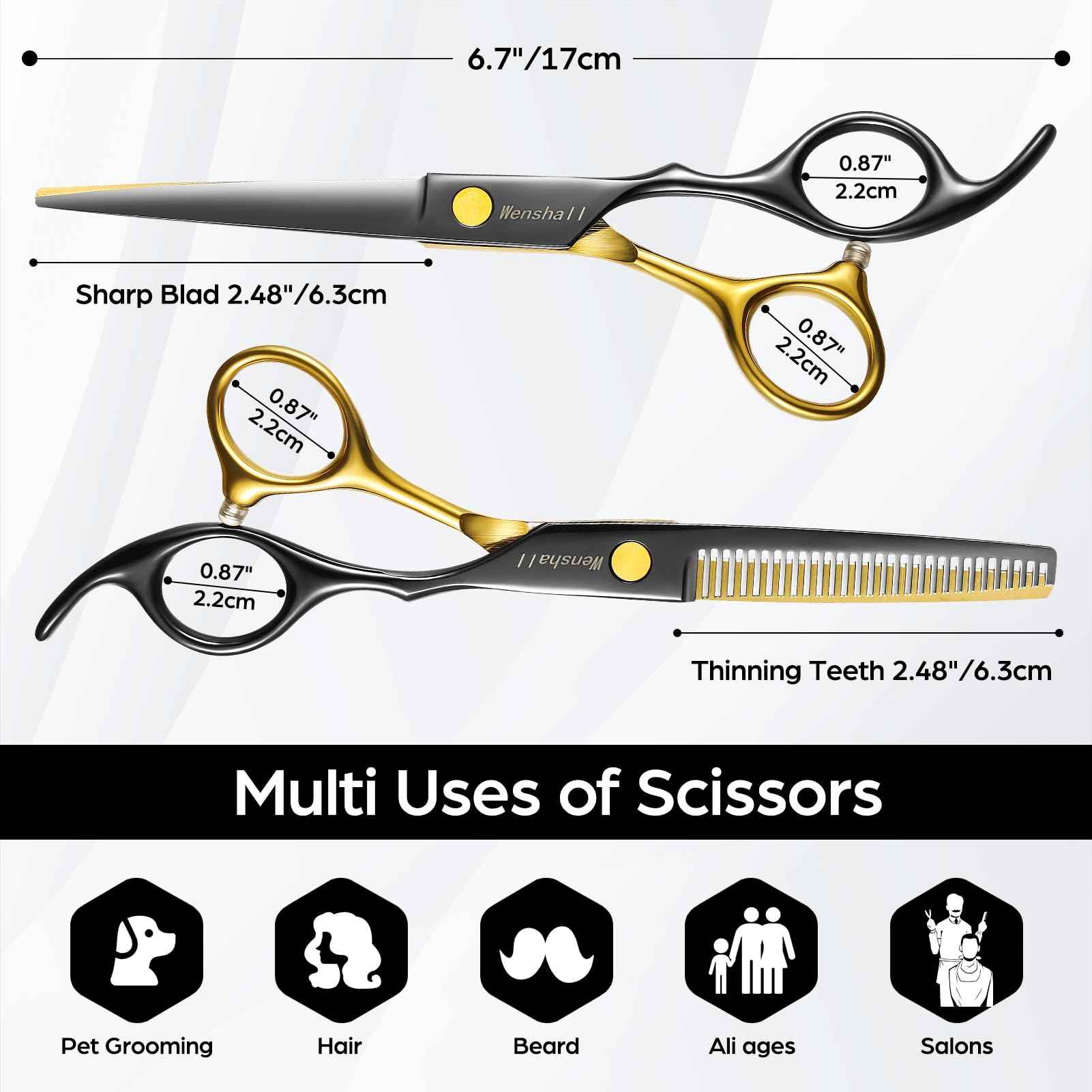 Wenshall Professional Black Gold Hair Scissors 6.89" Teeth Japanese Stainless Steel Multifunctional Salon Thinning Scissors Straight Shears Tools for Men Women Home Salon Barber