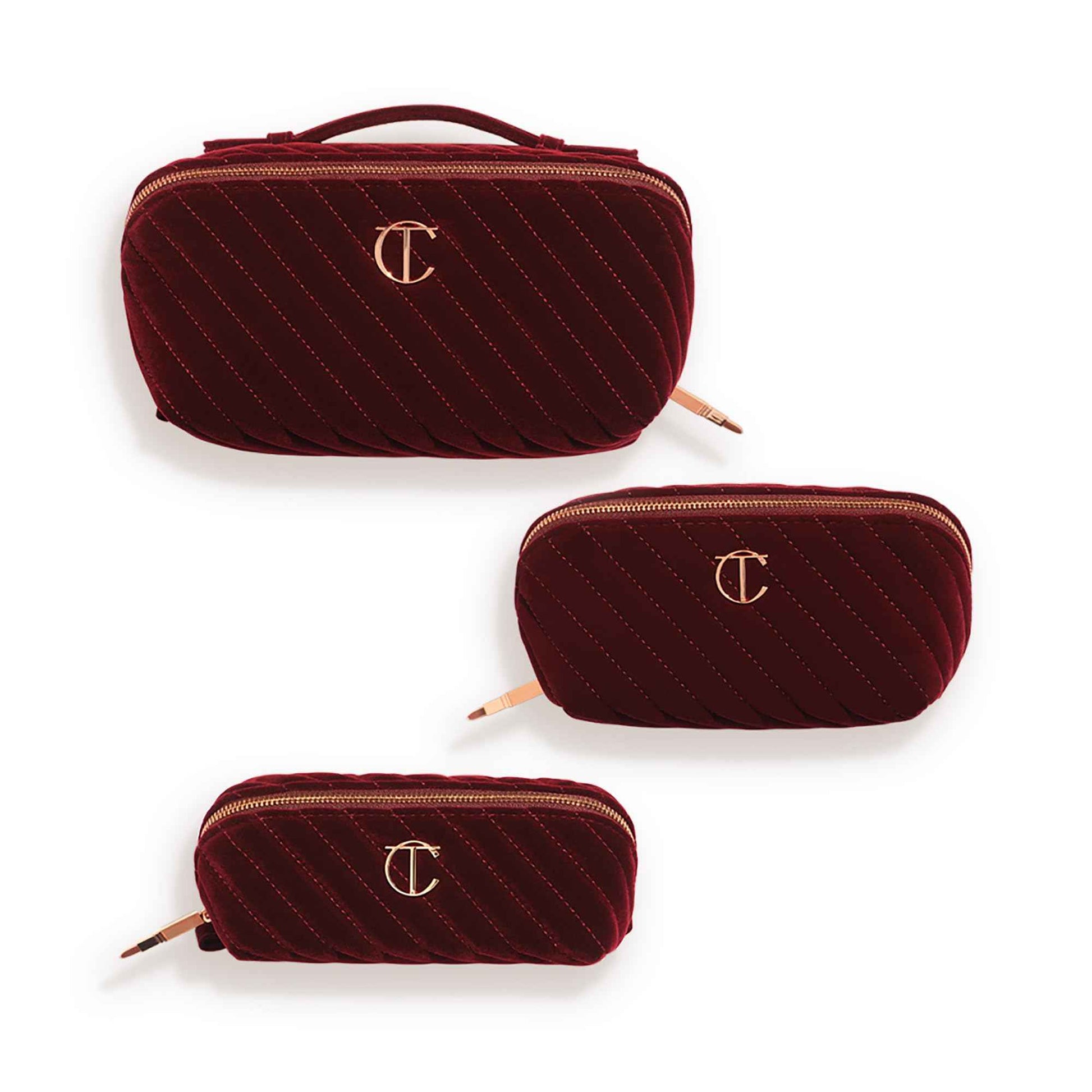Charlotte Tilbury Medium Travel Makeup Bag of My Dreams - Quilted Velvet Skincare, Fragrance & Cosmetic Organizer with 3 Compartments & Zip Pocket - Iconic Night Crimson Toiletry Bag
