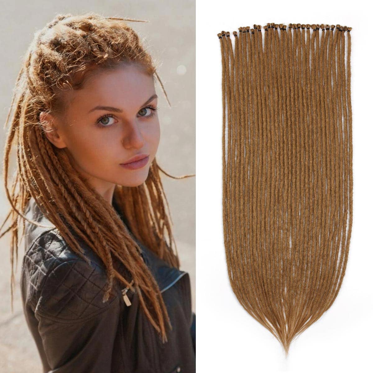 Sangtok 24 inch 15 pcs Dreadlock Extensions, Single Ended Thin 0.6cm Honey Brown Dreads Extensions, Synthetic SE Dreadlock Extensions Reggae Hippie Crochet Dreads for Women