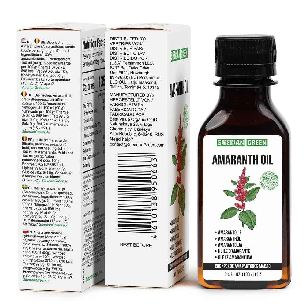 Siberian Amaranth Oil | 100% Natural Extra Virgin Cold Pressed 100 ml / 3.4 fl oz | Unrefined Raw No-GMO Vegan | Exclusive Food Grade