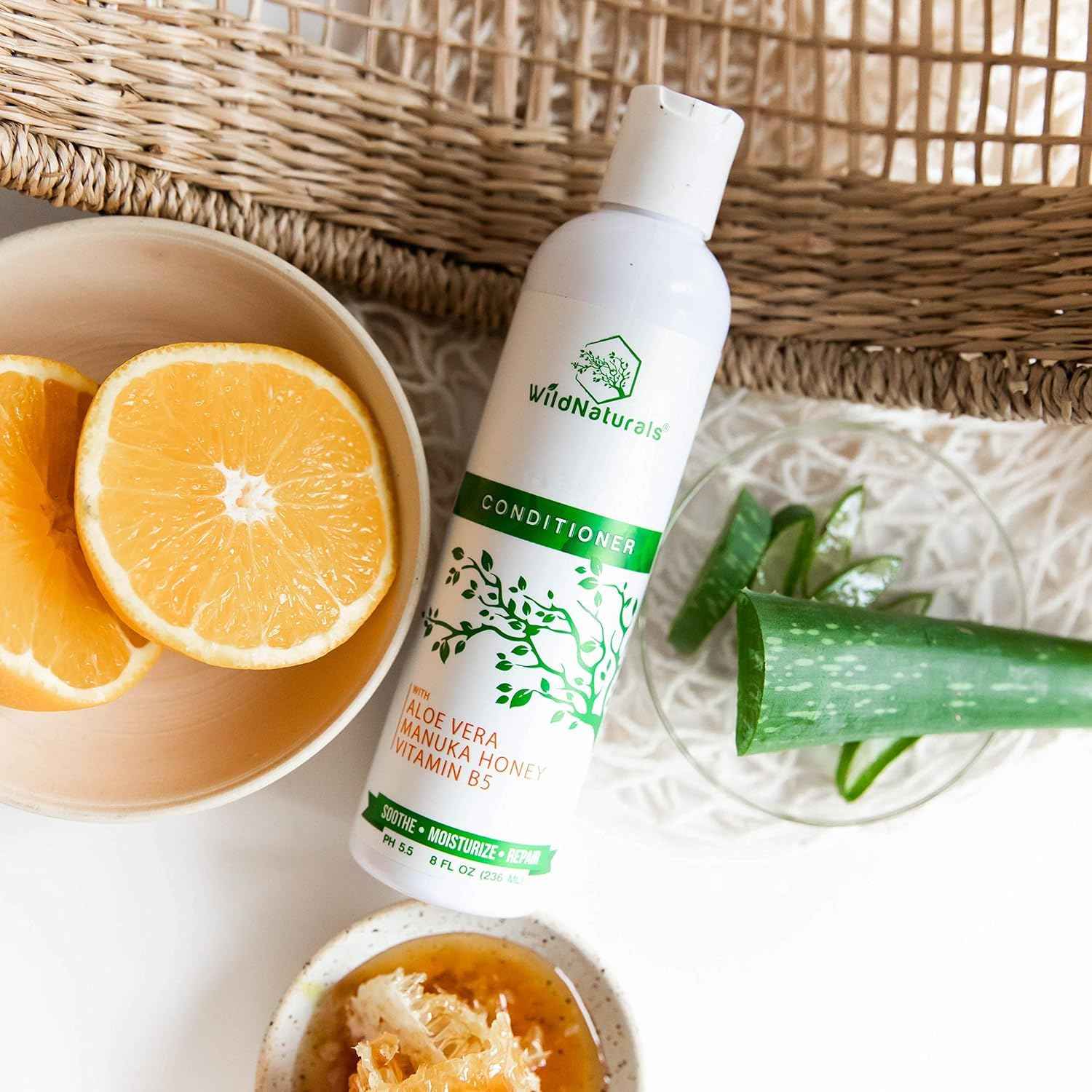 Wild Naturals Sulfate Free Conditioner : With Manuka Honey + Aloe Vera, For Hair Loss, Thinning Hair, and Itchy Dry Scalp. Anti Dandruff, Moisturizing, 98% Natural, 80% Organic Healing Plant-Based