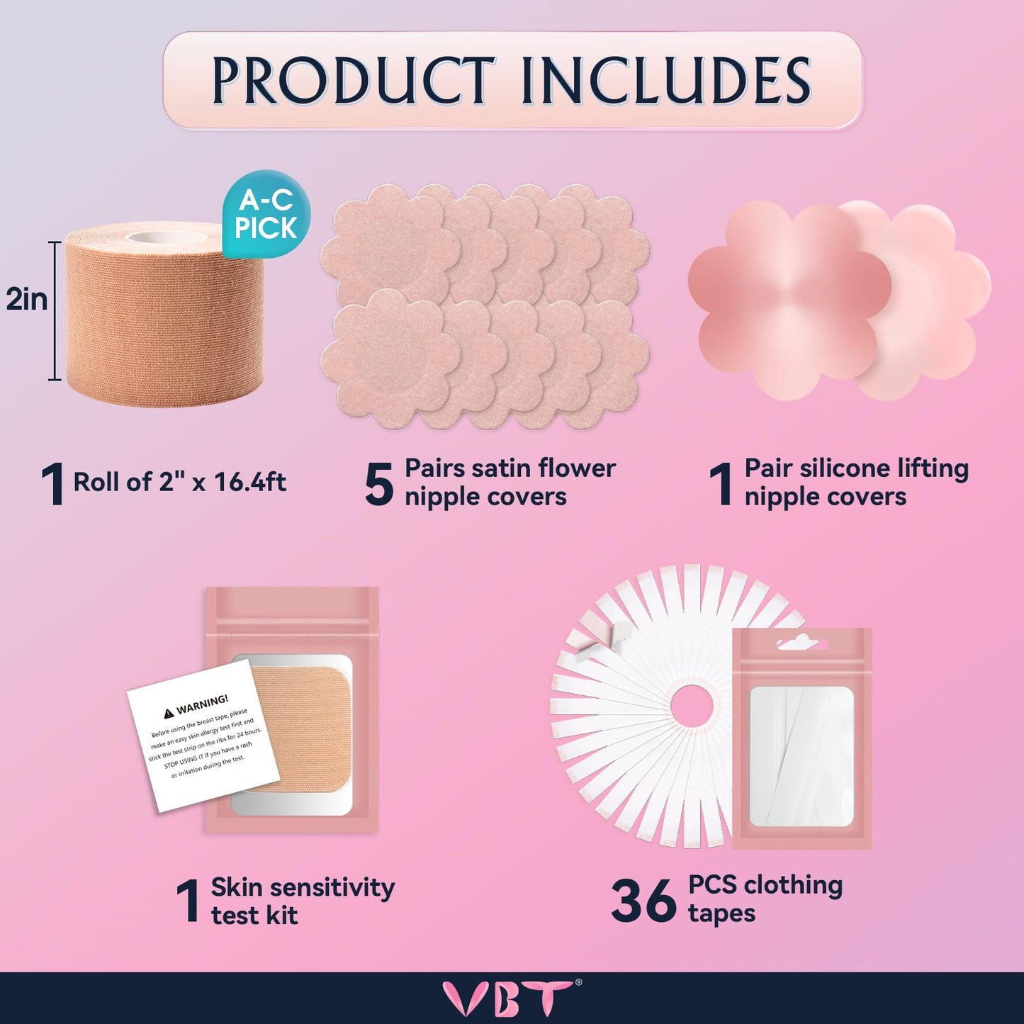 VBT Breast Tape, Replace Bra-Instant Boob Tape, Suitable for A-G, Bob Tape for Breast Lift w 1 Boobtape, 5 Pairs Satin Breast Petals, 1 Pair Silicone Nipple Stickers, 36 PCS Double Sided Tape Beige