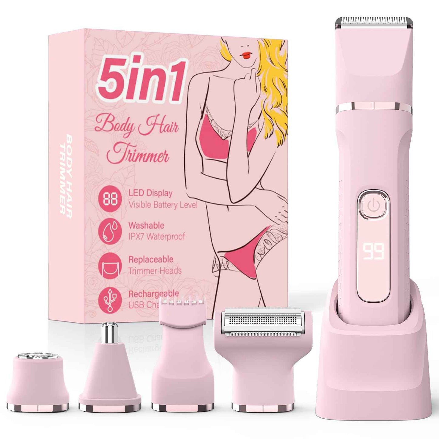 Bikini Trimmer for Women,5-in-1 Electric Razors for Women,Electric Shaver for Women's,IPX7 Waterproof Trimmer for Men Legs,with 5 Replaceable Blade Heads,USB Recharge Dock（Pink）