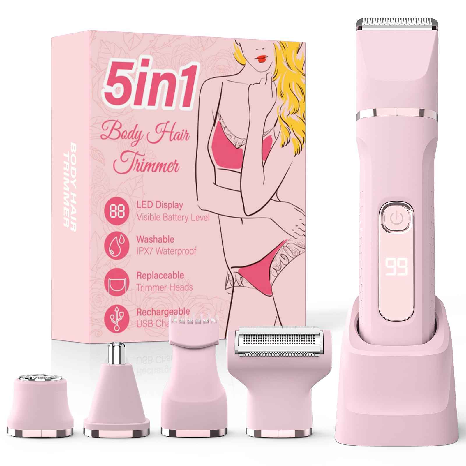 Bikini Trimmer for Women,5-in-1 Electric Razors for Women,Electric Shaver for Women's,IPX7 Waterproof Trimmer for Men Legs,with 5 Replaceable Blade Heads,USB Recharge Dock（Pink）
