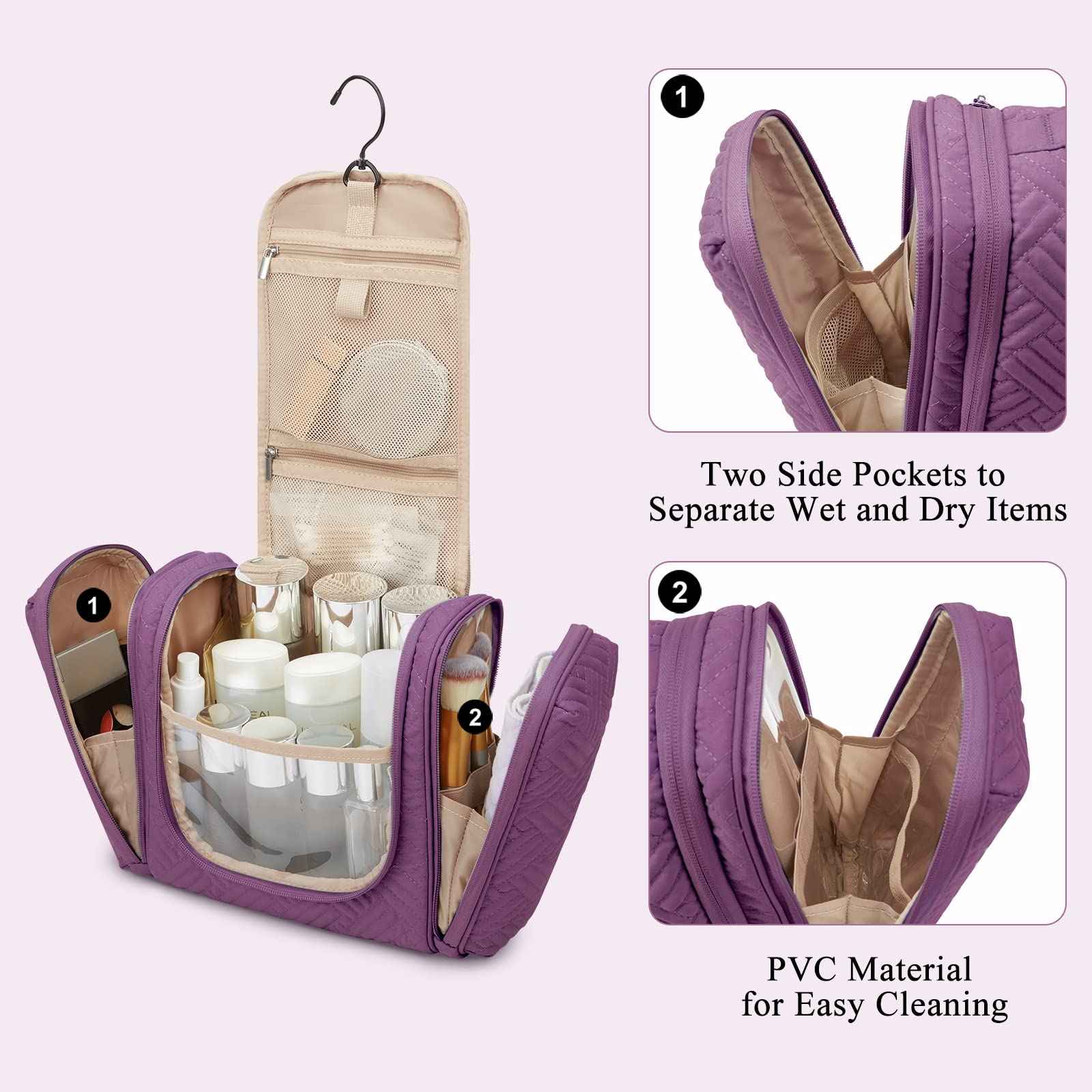 BAGSMART Atlas Travel Toiletry Bag for Women, Hanging Toiletry Bag with Hook, Travel Cosmetic Makeup Bag Travel Organizer for Accessories, Shampoo, Full Sized Container, Toiletries,Purple-Medium