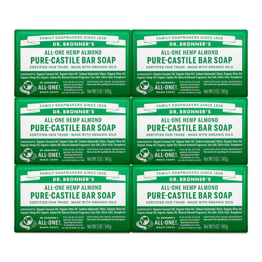 Dr. Bronner's - Pure-Castile Bar Soap (Almond, 5 oz, 6-Pack) - Made with Organic Oils, For Face, Body & Hair, Gentle & Moisturizing, Biodegradable, Vegan, Cruelty-free, Non-GMO