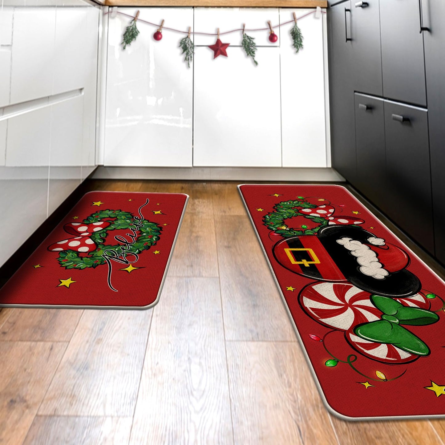 Tailus Christmas Believe Santa Mouse Red Kitchen Rugs Set of 2, Xmas Wreath Peppermint Candy Kitchen Mats Decor, Winter Holiday Floor Door Mat Home Decorations -17x29 and 17x47 Inch