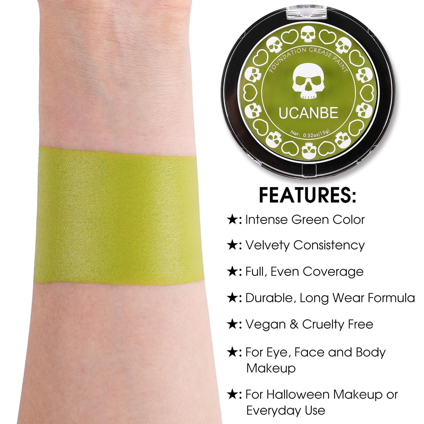 UCANBE Ogre Green Face Body Paint Makeup Foundation, Professional Cream Greasepaint, Non-Toxic Face Painting Kit for Halloween SFX Cosplay, Joker Zombie Witch Monster Costume & Stage Makeup