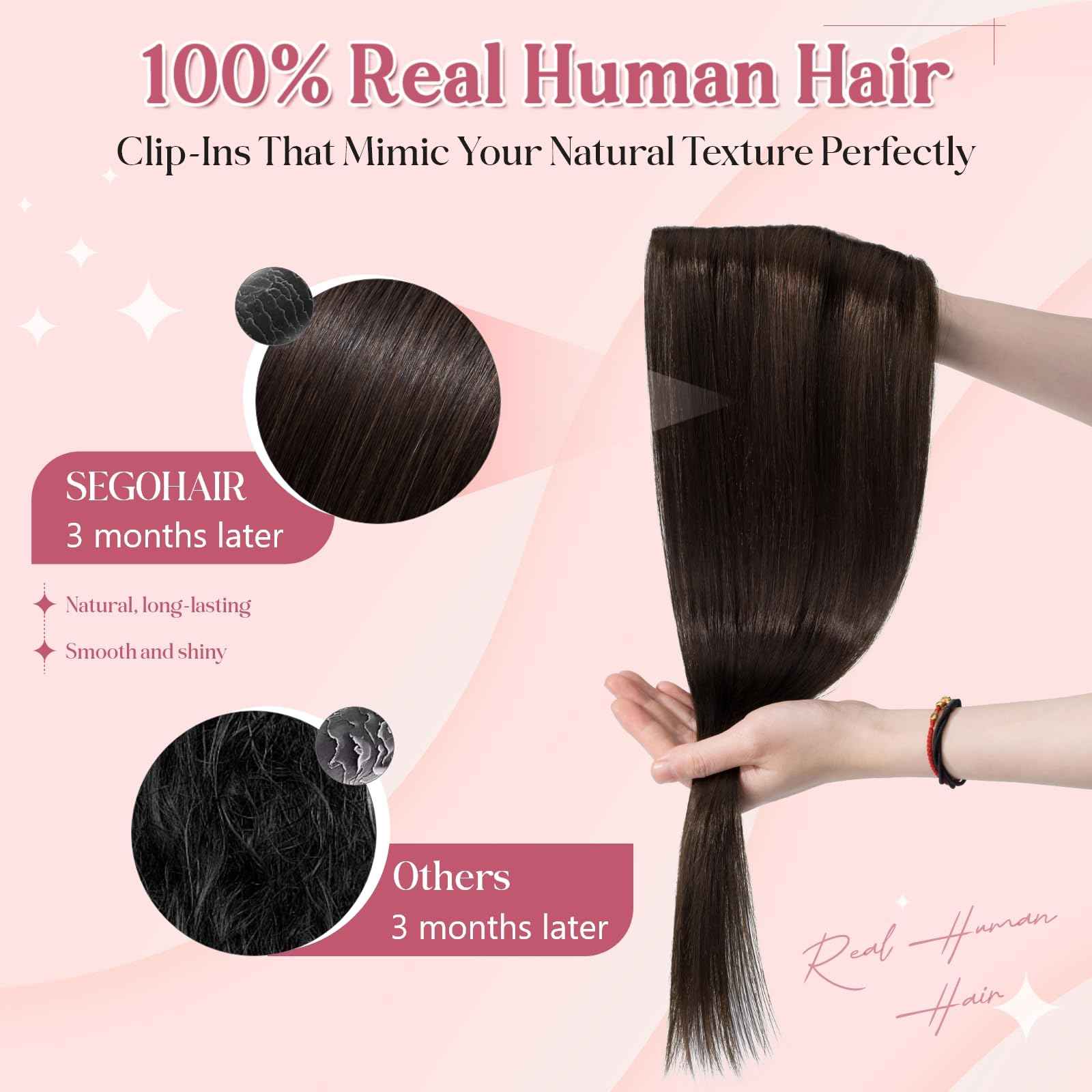SEGOHAIR Clip In Hair Extensions for women One Piece 5 Clips Real Human Remy Hair Extension Long Straight Hairpieces for women 16 Inches #02 Dark Brown