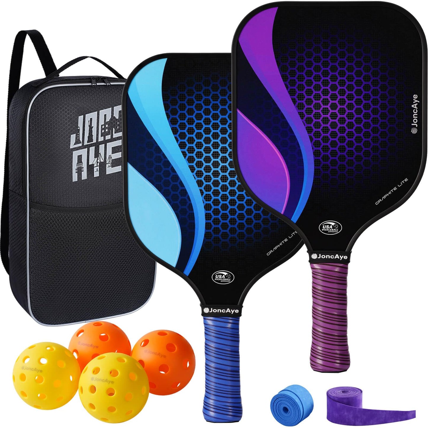 JoncAye Graphite-Pickleball-Paddles-Set, 2 Pickleball-Rackets, 1 Pickle-Ball Bag, 4 Indoor Outdoor Balls, 2 Lead Tapes, USAPA Approved Carbon Fiber Pickle-Ball Racquets and Accessories, Purple, Blue