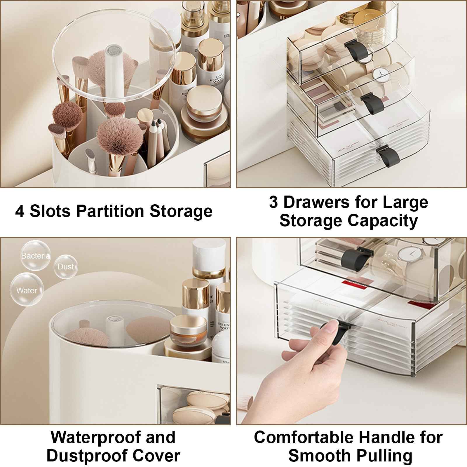 DASITON Makeup Organizer with 3 Drawers,Automatic Lifting Makeup Brush Holder with Lid,Large Capacity Makeup Organizers for Vanity,Bathroom Countertop,Ideal Storage Skin Care,Brushes,Lipstick (White)