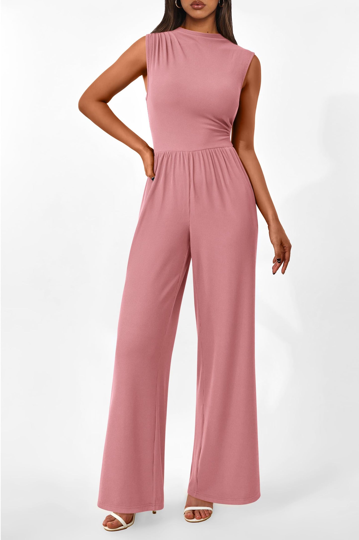 PRETTYGARDEN Womens Summer Jumpsuits Dressy Casual One Piece Outfits Sleeveless Mock Neck Wide Leg Pants Rompers with Pockets (Style2-Dusty Pink,Small)