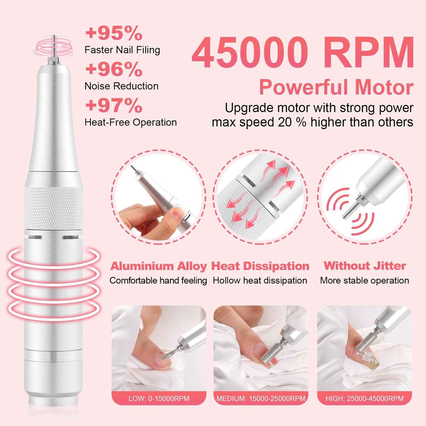 Nail Drill Machine Electric 45000RPM Rechargeable Portable Nail Drill Kit DIY Nail File Electric with Smart LCD Screen for Gel Nail Manicure and Pedicure Reflective Body etc(Crimson)