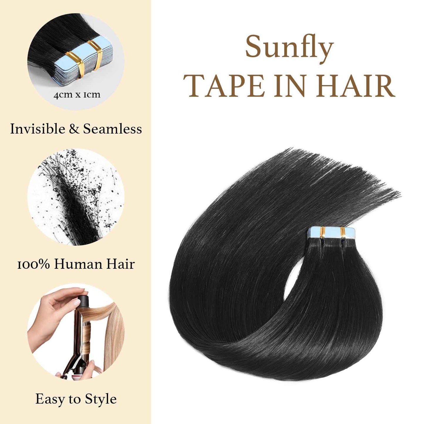Sunfly Tape in Hair Extensions Human Hair 16 Inch Jet Black 20 Pieces Invisible Hair Extensions Tape Ins Seamless Adding Length 50g