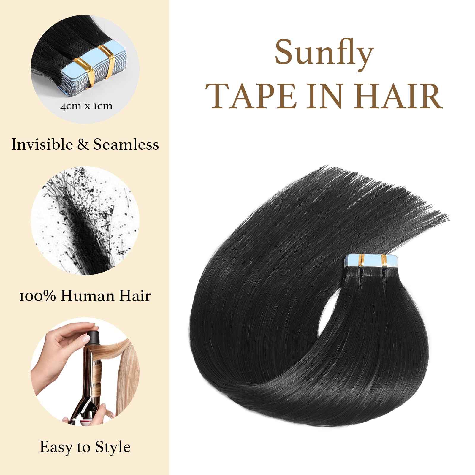 Sunfly Tape in Hair Extensions Human Hair 16 Inch Jet Black 20 Pieces Invisible Hair Extensions Tape Ins Seamless Adding Length 50g
