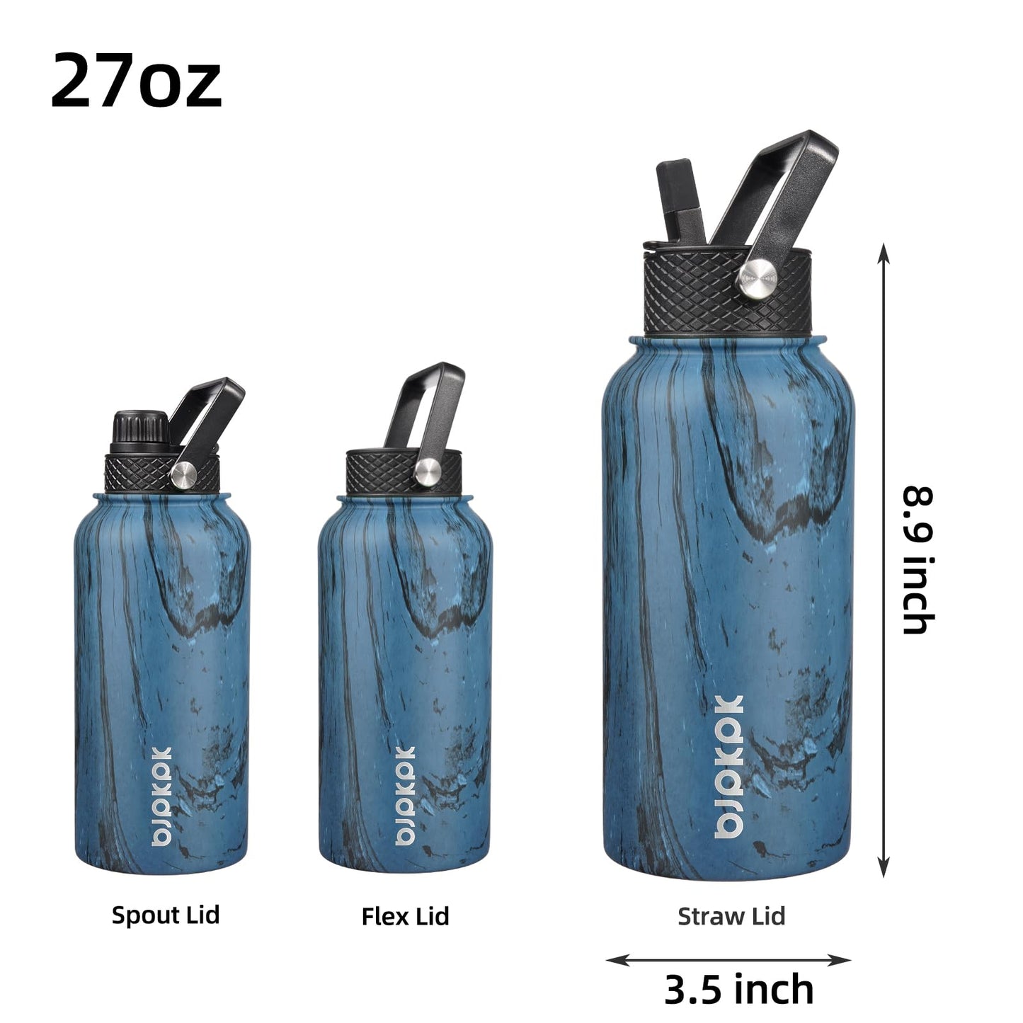 BJPKPK Insulated Water Bottles with Straw Lid, 27oz Stainless Steel Water Bottle with 3 Lids, Leak Proof BPA Free Metal Thermos Mug, Sports Water Bottle Keep Cold & Hot- Wood Prussian Blue