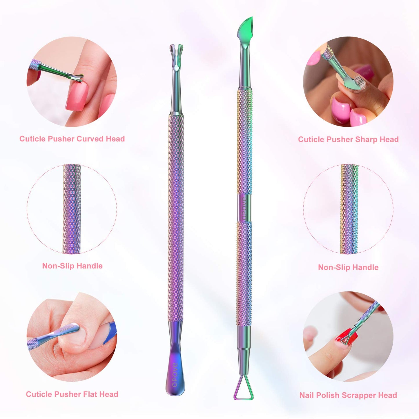 Cuticle Pusher Nail Polish Remover Stainless Steel Manicure Tool Set Gel Nail Polish Peeler Scraper Nail Care Stick Pedicure Kit for Fingernail and Toenail, opove P1, Color Gradient…