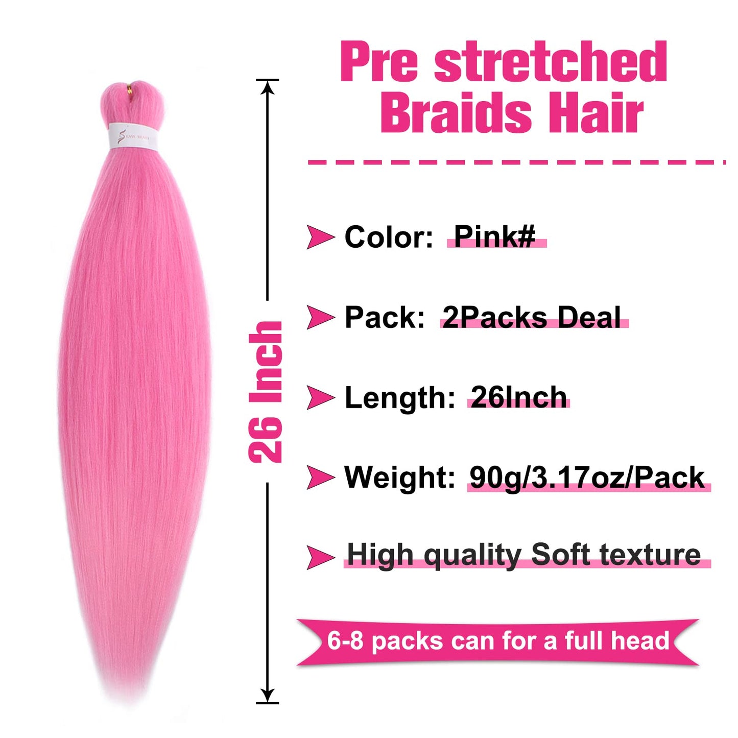 Unionbeauty 2 Packs Pre Stretched Braiding Hair 26 Inch Pink Braiding Hair Synthetic Braiding Hair Hot Water Setting Crochet Hair for Box Braids Yaki Texture Hair Extensions Crochet Braids(PINK#)