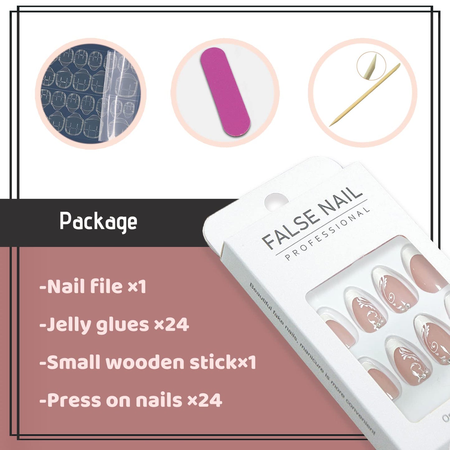 YOSOMK French Tip Press on Nails Medium Almond Fake Nails with Flower Design Nude Stick on Artificial Nails Glossy Glue on False Nails for Women