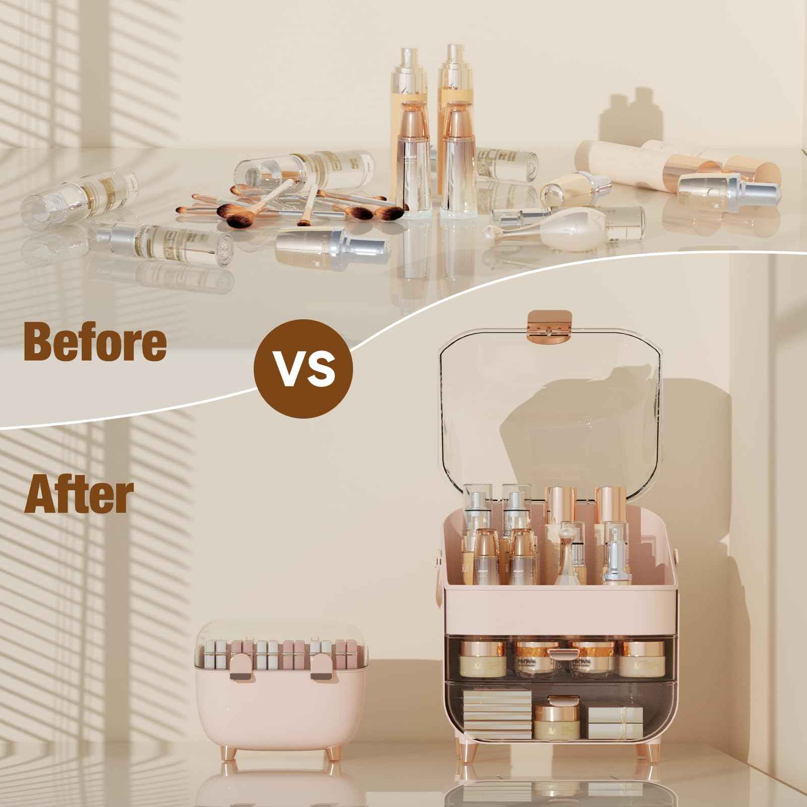 CLBDRESS Makeup Organizer Countertop, Skincare Organizers for Vanity, Storage Box with Lipstick, Large Cosmetic Display Cases for Bathroom, Teen Girl Gifts Make up Organizers for Dresser (Rose Pink)