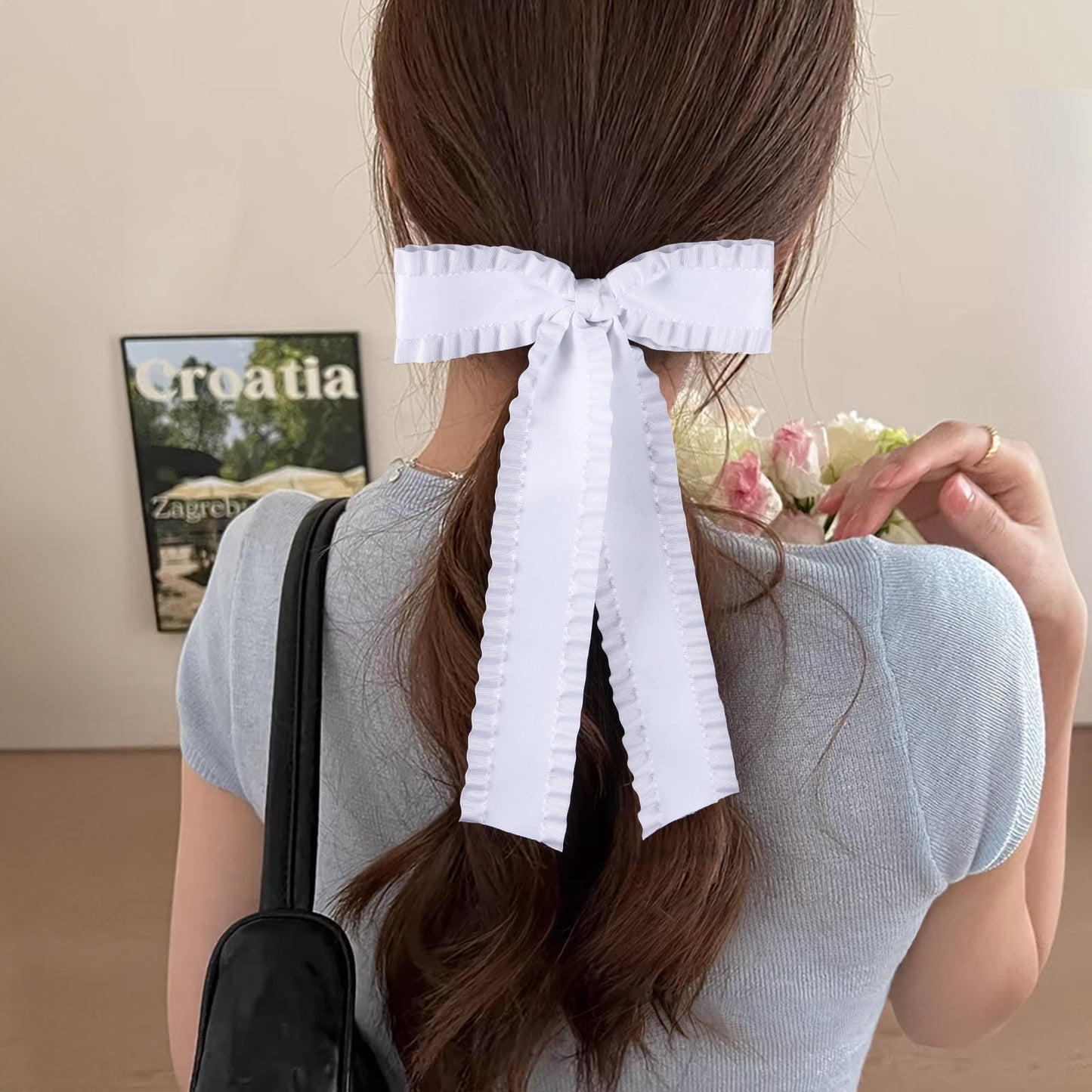 2Pcs Ruffle Ribbon Hair Bows for Women Girls,Big White Silky Satin Tassel Bowknot Hair Clips Barrettes with Long Tail Toddler Teens Kids Ponytail Holder Decor Accessories 5.5in