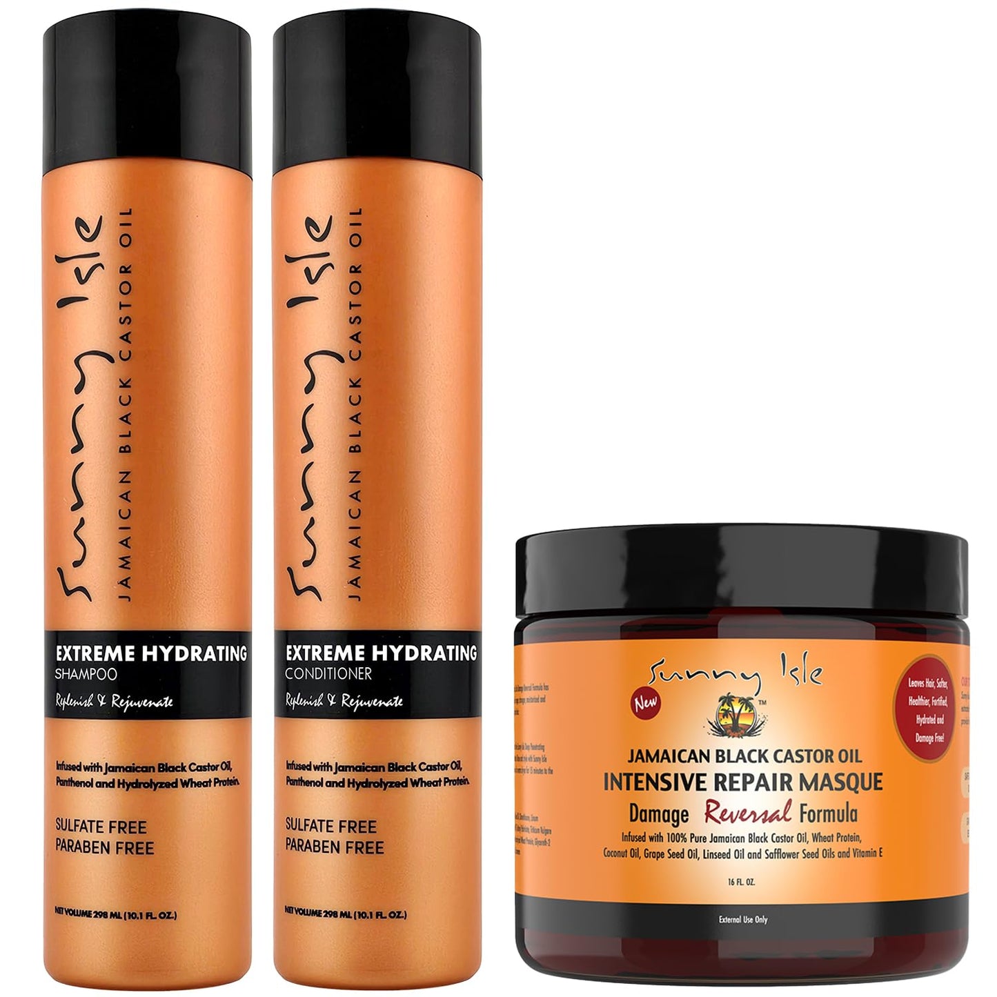 Sunny Isle Jamaican Black Castor Oil Extreme Hydrating Shampoo + Conditioner 10.1oz + Intensive Repair Masque 16oz "Combo"