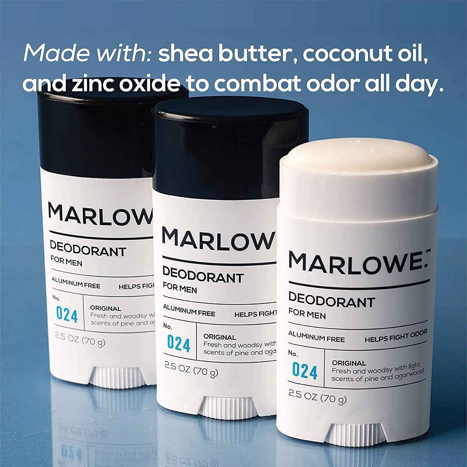 MARLOWE. No. 024 Natural Deodorant for Men 3-Pack | Aluminum Free Stick | Made with Coconut Oil, Shea Butter, Jojoba | Only No-Nonsense Ingredients that Work Best | Fresh & Woodsy Scent