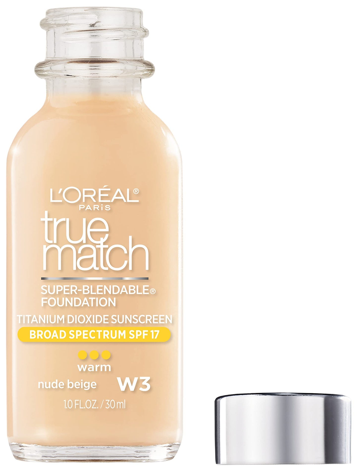 L'Oreal Paris Makeup True Match Super-Blendable Liquid Foundation, Nude Beige W3, 1 Fl Oz,1 Count