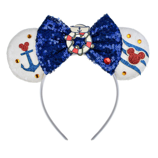 A Miaow Fashion MM Bow Sequin Nautical Headband Sparkle Glitter Mouse Ears Boat Anchor Hairband Party Costume Navy Hat Photography Props (Cruise and Buoy)