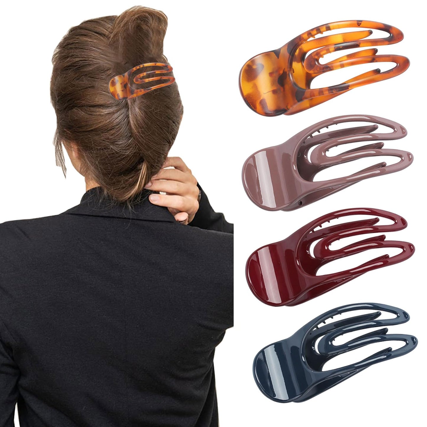 Flat Hair Clips, 4PCS Flat Hair Clips for Women Non-Slip Flat Claw Clips for Thick Hair, for Women Girls Wedding Prom Party Hair Decorations (Leopard Yellow & Pinkish Brown & Red & Blue)