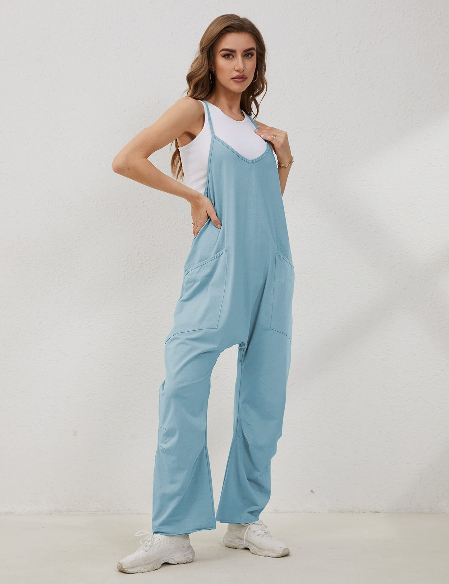 Lentta Women's Causal Jumpsuits V Neck Sleeveless Harem Overalls Stretchy Adjustable Strap Romper with Pockets(LightBlue-S)