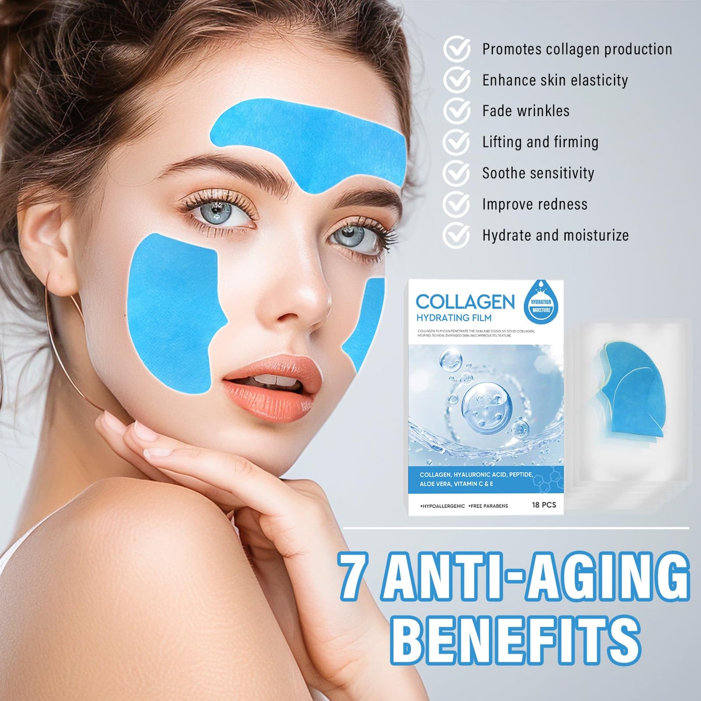 Soluble Collagen Face Mask, Anti-Aging Collagen Face Mask for Boosting Skin Elasticity, Anti Wrinkle Patches to Reduce Fine Wrinkles & Frown, Forehead Wrinkle Patches, 18pcs