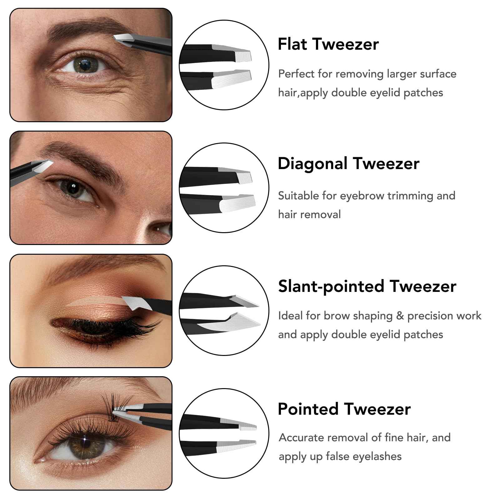 Tweezers Set for Facial Hair Women, 8Pcs Precision Eyebrow Tweezer Nail Clipper Set Eyebrow Pluckers Men for Ingrown Hair Removal(Black)