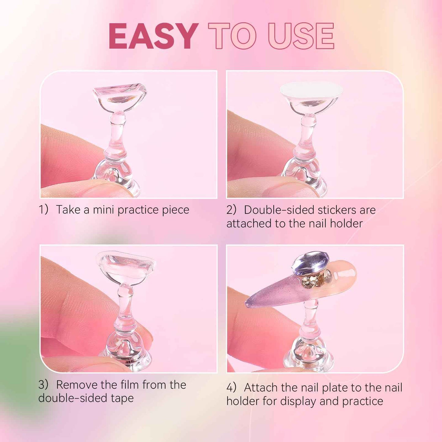 ESUOHYM Nail Stand for Press On Nails Art Display Practice 2 Sets, 1 Heart Shaped Acrylic Magnetic Nail Stands, Fake Nail Holder Tips With 200 PCS Double-Sided Tape, Nail Kit Home DIY Salon Supplies