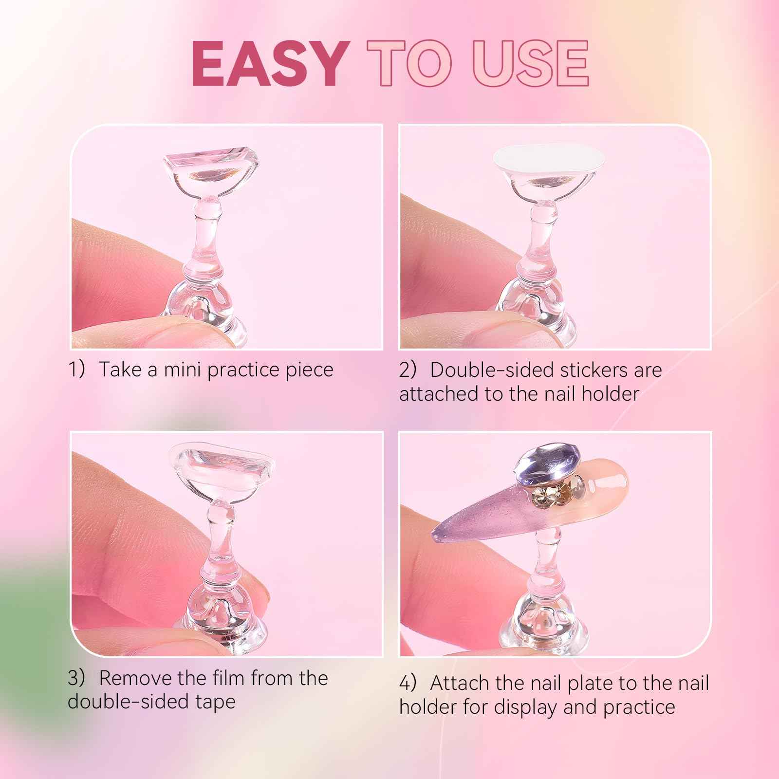 ESUOHYM Nail Stand for Press On Nails Art Display Practice 2 Sets, 1 Heart Shaped Acrylic Magnetic Nail Stands, Fake Nail Holder Tips With 200 PCS Double-Sided Tape, Nail Kit Home DIY Salon Supplies