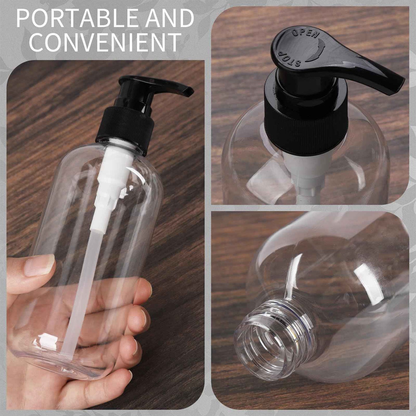 DISWALE 15 Pcs 8.5 oz Empty Pump Bottles, Clear Refillable Plastic Dispenser Bottles for Shampoo, Lotion, Hand Soap, Body Wash, Oil, Moisturizer, Travel Liquid Containers