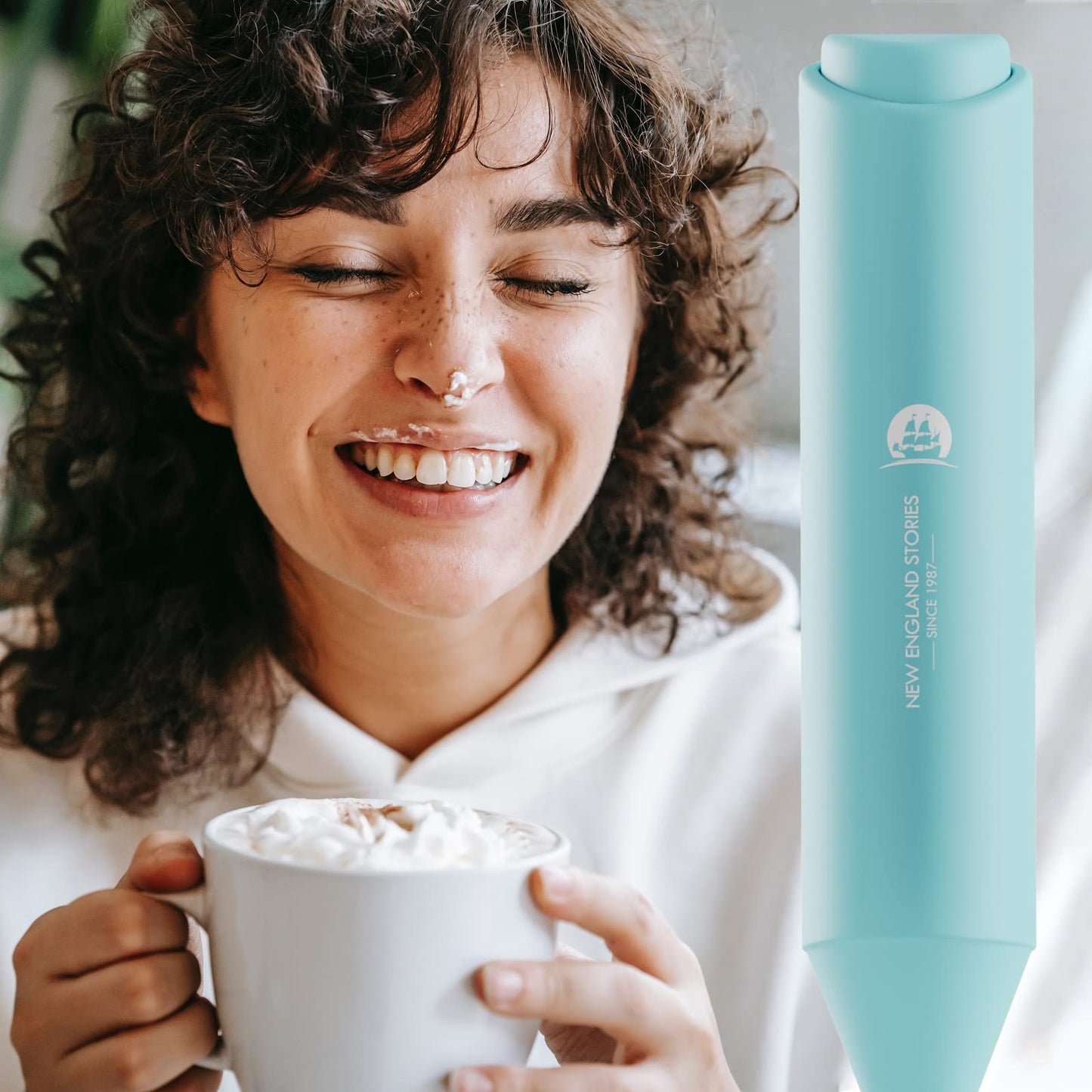 Powerful Milk Frother Handheld Foam Maker, Mini Whisk Drink Mixer for Coffee, Cappuccino, Latte, Matcha, Hot Chocolate, With Stand, Aqua