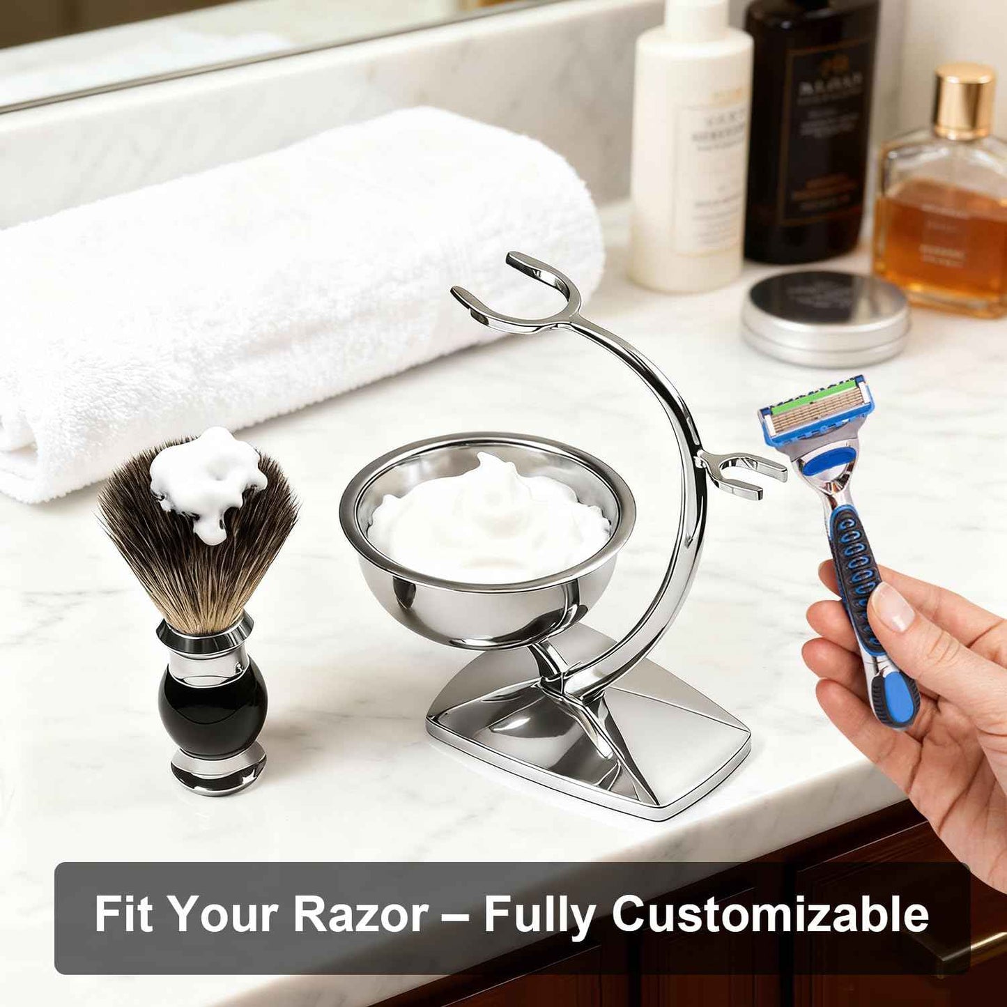 GRUTTI Shaving Bowl, Stand and Brush Set - 3-Piece Magnetic Base Bowl, Chrome Alloy Stand & Synthetic Brush | Razor Not Included