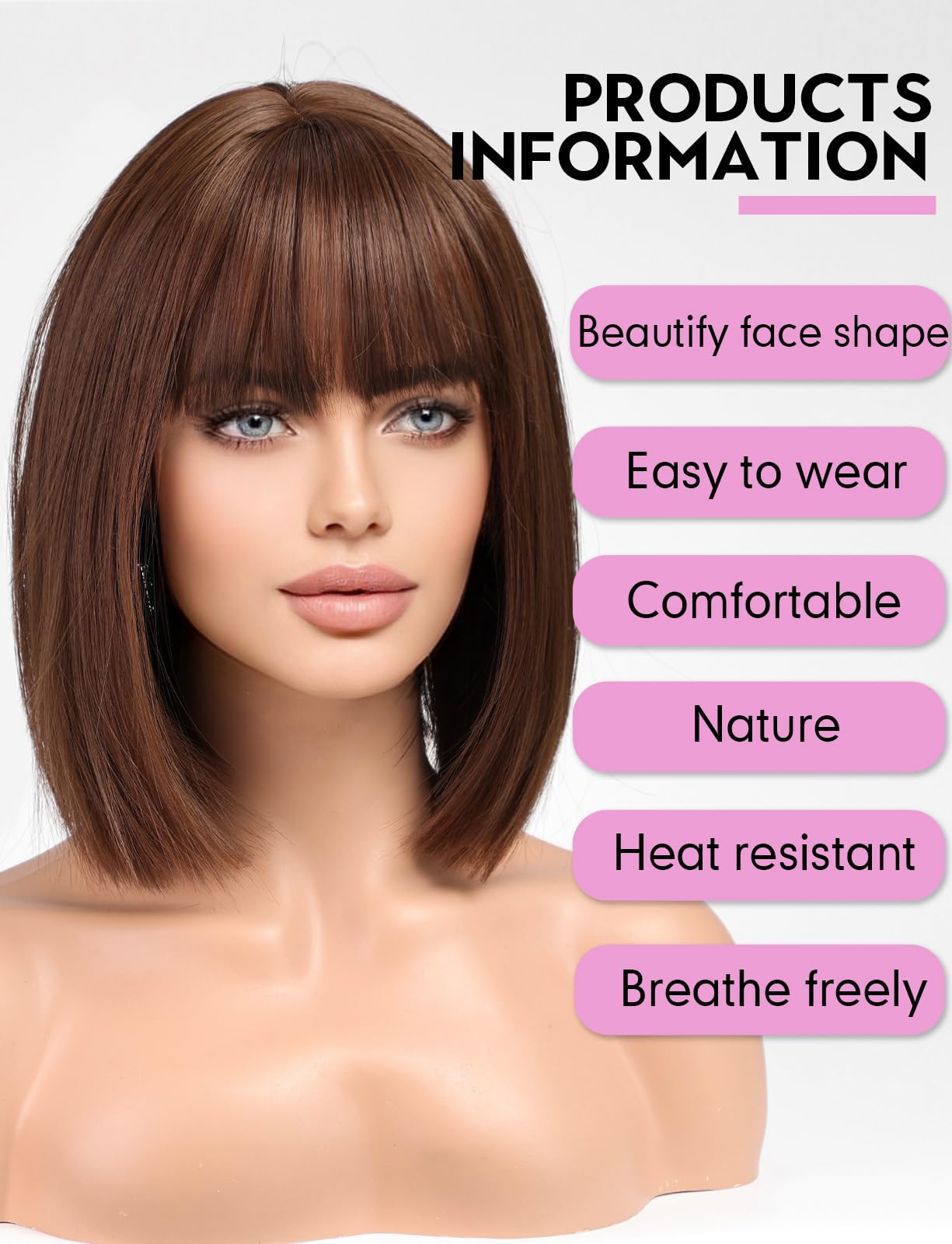 Getshow Brown Bob Wigs for Women,Synthetic Wig with Bangs