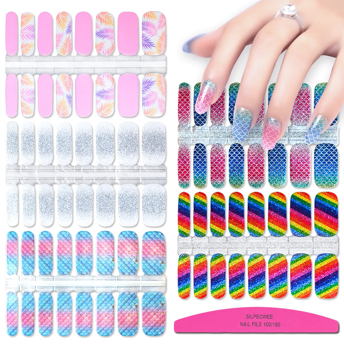 SILPECWEE 5 Sheets Nail Polish Strips Rainbow Glitter Adhesive Nail Stickers Full Nail Wraps Nail Strips for Women Nail Accessories with 1pc Nail File