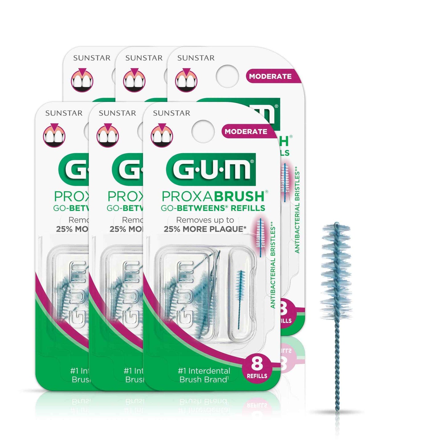 GUM Proxabrush Go-Betweens Refills - Moderate - Compatible with GUM Permanent Handle - Reusable Interdental Brushes - Soft Bristled Dental Picks, 8ct(6pk)
